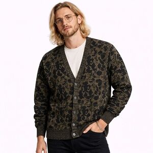 Vintage 80s Gitano Knit Cardigan Sweater Black Tan‎ USA Made Large